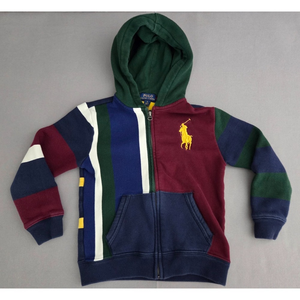 Polo Jacket Boys 6 Blue Maroon Color Block Big Pony Hooded Zip Rugby Sweater